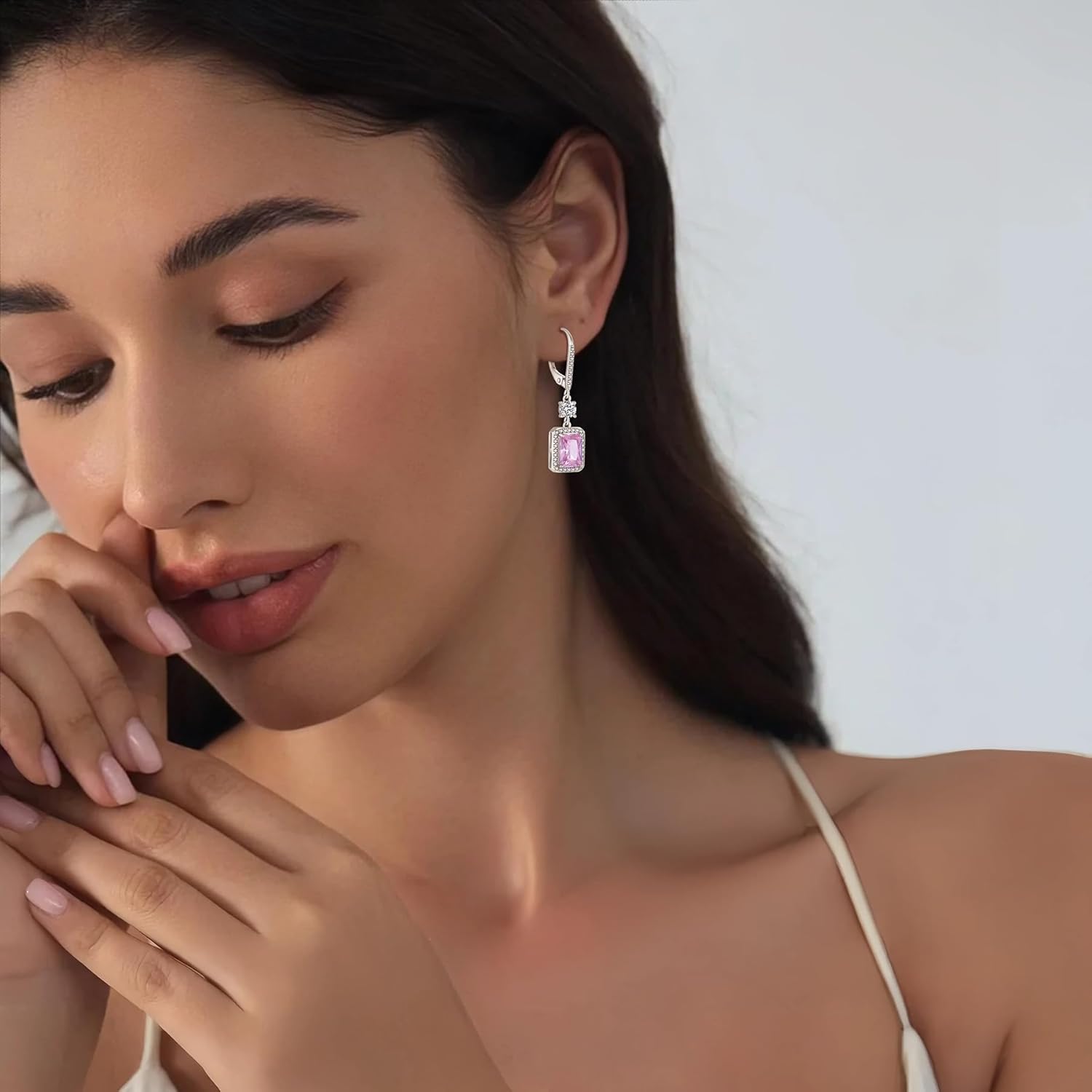 FJ Princess Cut Dangle Drop Earrings 925 Sterling Silver Square Halo Leverback Earrings Birthstone Jewelry for Women - Image 2