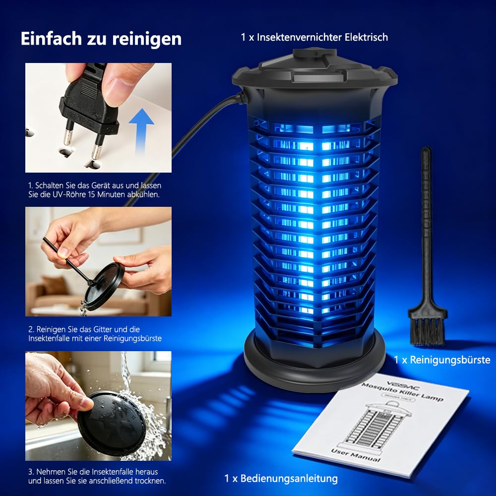 Insektenvernichter Elektrisch, 360° Mückenvernichter Lampe, 3 m Netzkabel UV Mückenlampe Hochspannung insektenfänger, Fliegenfalle elektrisch mückenfalle für Innen Auße, Anti Mücken, Fliegen, Motten