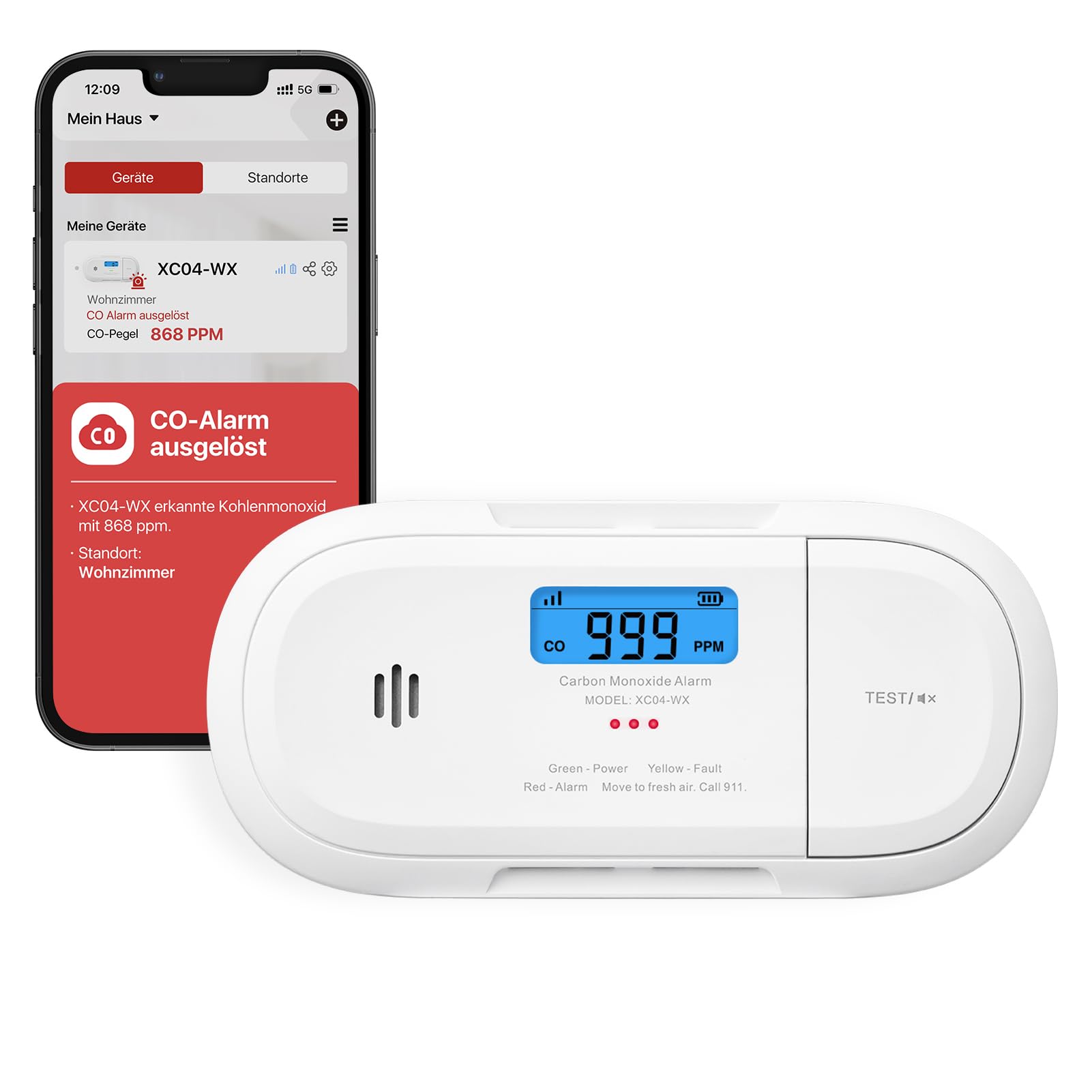 X-Sense Smart-Kohlenmonoxidmelder, WLAN-Kohlenmonoxidmelder, Echtzeit-Push-Benachrichtigungen über X-Sense Home Security-App, austauschbare Batterie, freistehendes Design, XC04-WX