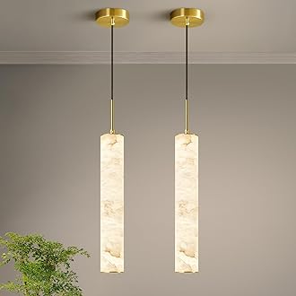 LMQNINE Natural Alabaster Pendant Lights for Kitchen Island White Marble Long Tube Chandelier 4000K Modern Gold Ceiling Light Fixtures for Bedroom Dining Room Table Living Room Hallway(M-2Pack)