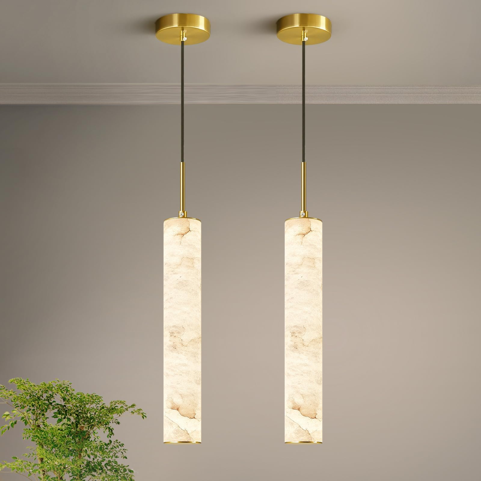 LMQNINE Natural Alabaster Pendant Lights for Kitchen Island White Marble Long Tube Chandelier 4000K Modern Gold Ceiling Light Fixtures for Bedroom Dining Room Table Living Room Hallway(M-2Pack)