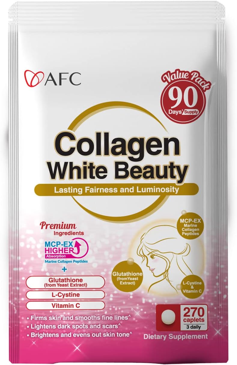 AFC Japan Collagen White Beauty with Marine Collagen Peptide, Glutathione, L-Cystine - 1.5X Better Absorption Than Other Collagen – for Skin Firmness & Whitening– 90 Days Supply's