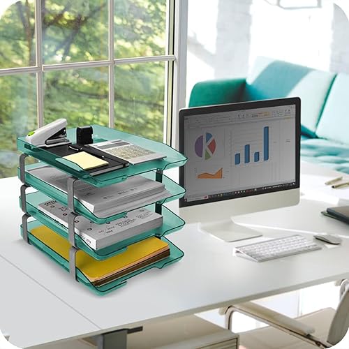 Miniatura 2 de Acrimet Bandeja de cartas tradicional de 4 niveles de carga frontal de plástico para escritorio (color verde transparente)