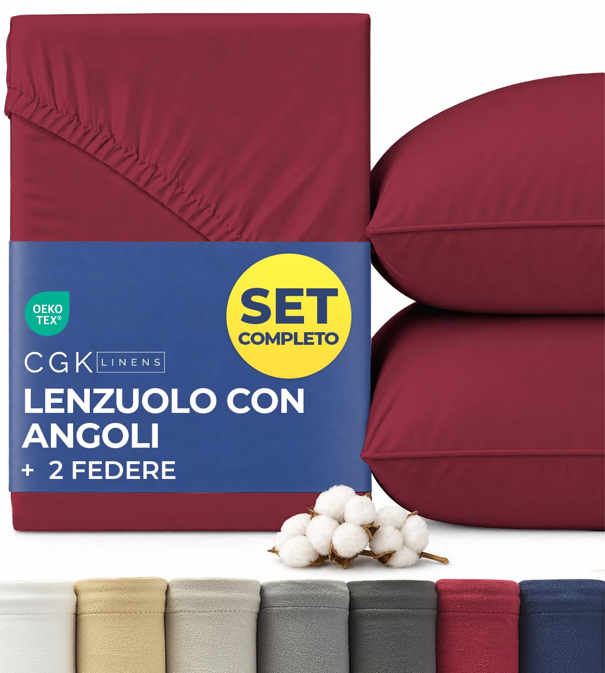 Lenzuolo con Angoli Jersey Cotone 90x200cm Bordeaux + Federa 80x80cm - Set di 2 Pezzi - 100% Cotone - Altezza 40cm / 16" - Morbido, Antipiega & Ipoallergenico - Certificato OEKO-TEX Standard 100