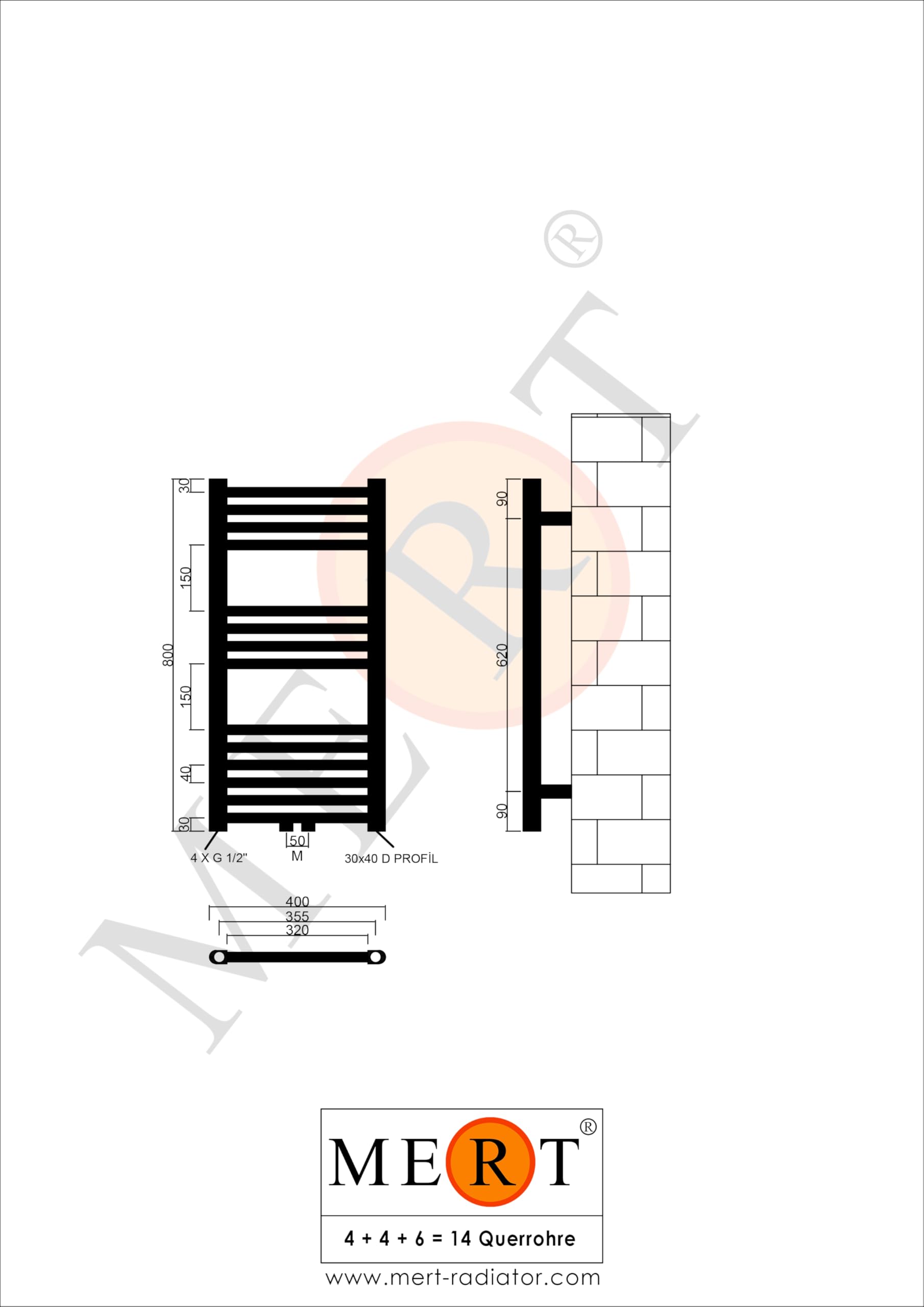 Mert Heizung mit Thermostat Fernwärme Warmwasser Bad-Heizung 800x400 Bad-Heizkörper 1/2 Zoll Mittelanschluss 50 mm weiß Handtuchhalter für Wandmontage