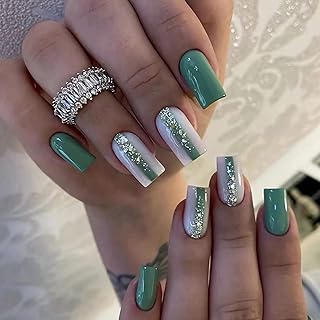 BABALAL Square Press on Nails Medium Green St Patricks Day Fake Nails White Shiny Glue on Nails 24Pcs Squoval Acrylic Nails for Women and Girls