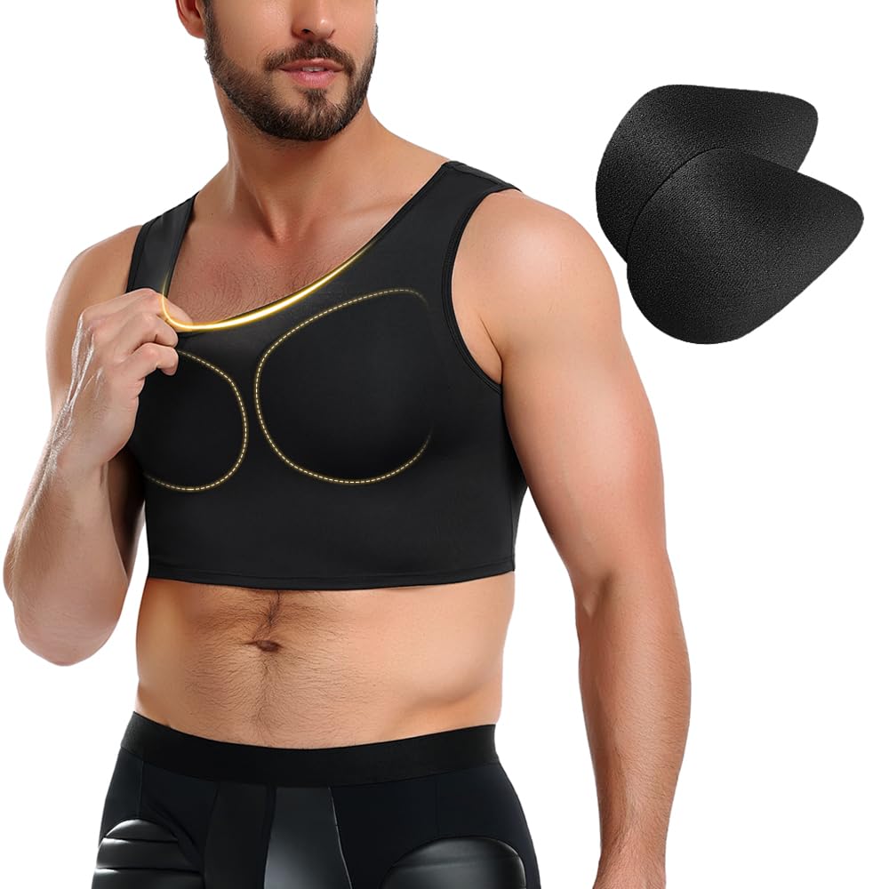 Bslingerie Camicia da uomo imbottita a compressione muscolare con finto potenziatore di petto e spalle, intimo invernale a maniche lunghe, nero, taglie S-XXL