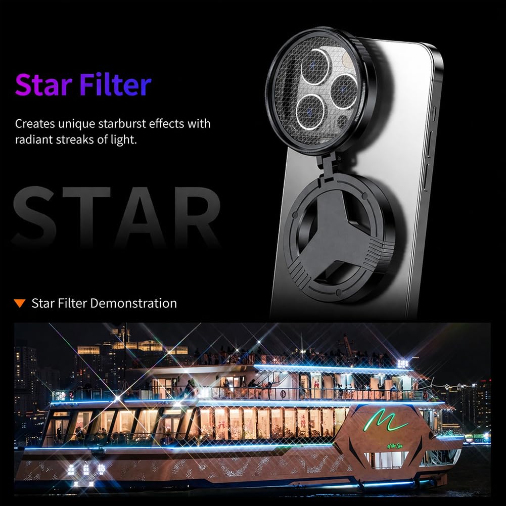 Filtro magnetico anti-riflesso per telefono, CPL 52 mm + filtro per fotocamera a stella e polarizzatore, attacco magnetico portatile pieghevole HD per iPhone, Samsung e Android (1)
