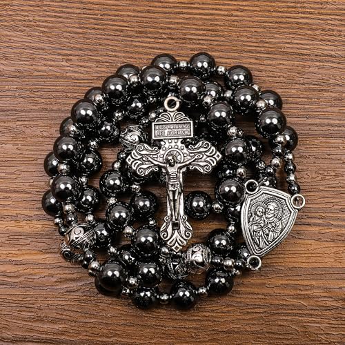 Image of Nazareth Store Hematite Rosary Black Stone Beads Necklace Metal Beaded Silver-Plated Medal & Cross for Men NS