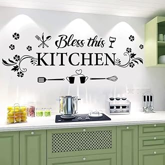 CASADECOR Kitchen Wall Decor Sticker Kitchen Quotes Bless This Kitchen Wall Decals Flower Art Removable DIY Vinyl Wall Stickers for Kitchen Dining Baking Room Bar Restaurant Home Decor.
