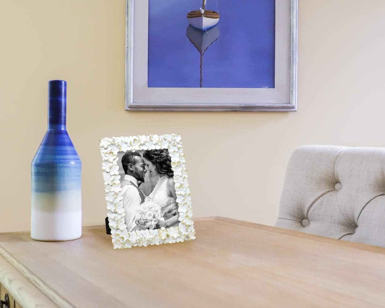 Laura Ashley 5x7 White & Gold Flower Textured Hand-Crafted Resin Picture Frame w/Easel & Hook for Tabletop & Wall Display, Decorative Floral Design Home Décor, Photo Gallery, Art (5x7, White/Gold)