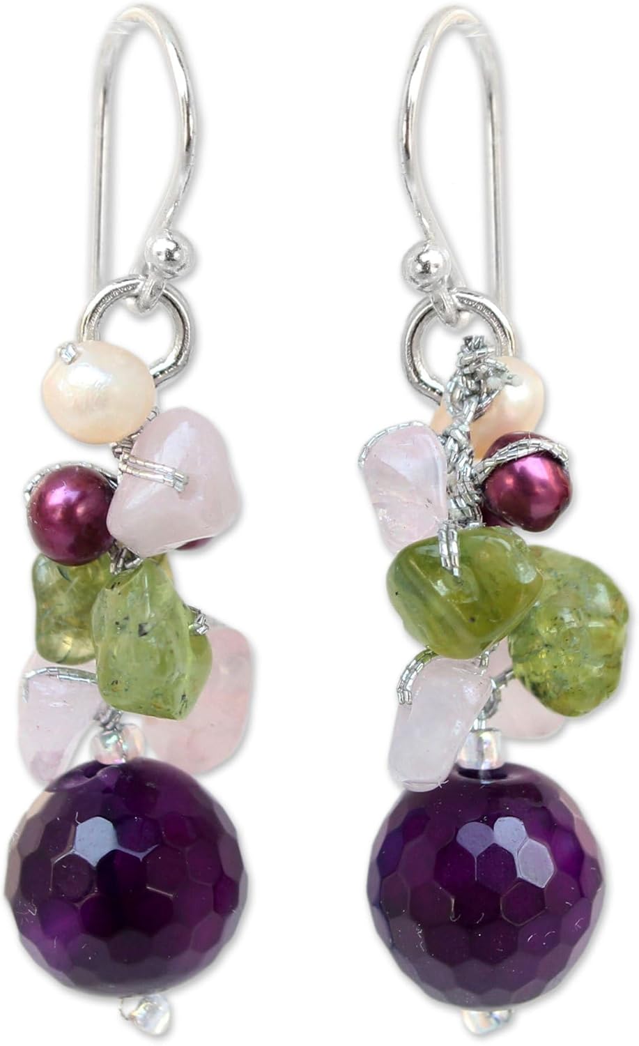NOVICA Artisan Handmade Cultured Freshwater Pearl Rose Quartz Cluster Earrings .925 Sterling Silver Peridot Multigem Green Multicolor Beaded Dangle Thailand Birthstone 'Princess Legend'
