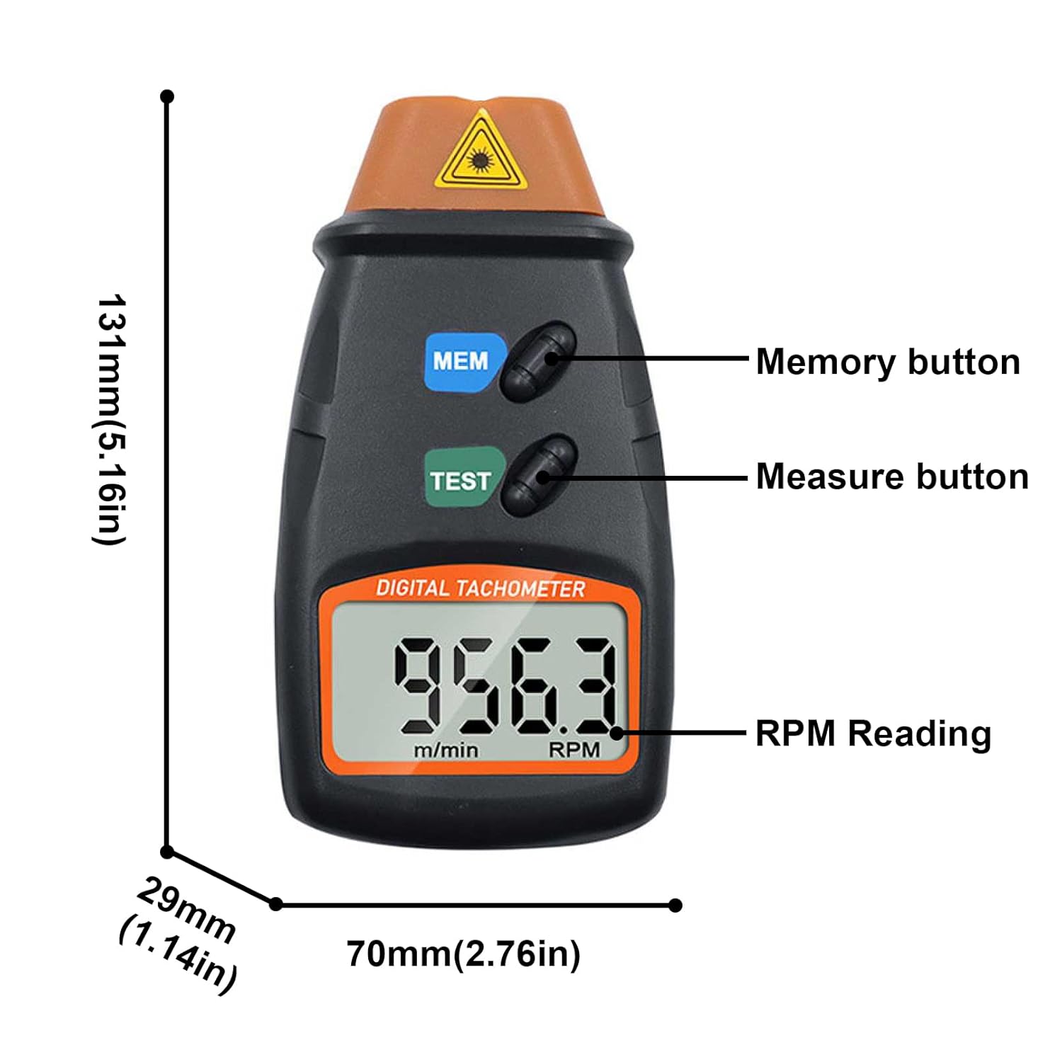 Mengshen Digital Tachometer, Non Contact Laser Photo Tach 2.5-99999 RPM Rotation Speed Meter Gauge Measurement with Reflective Tape (9V Battery Included)