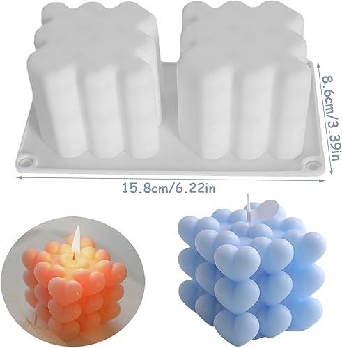 Miniatura 2 de LSLEVA Molde de silicona con forma de cubo de burbujas de corazón de 2 cavidades molde de burbujas geométrico 3D para hacer velas jabón de resina