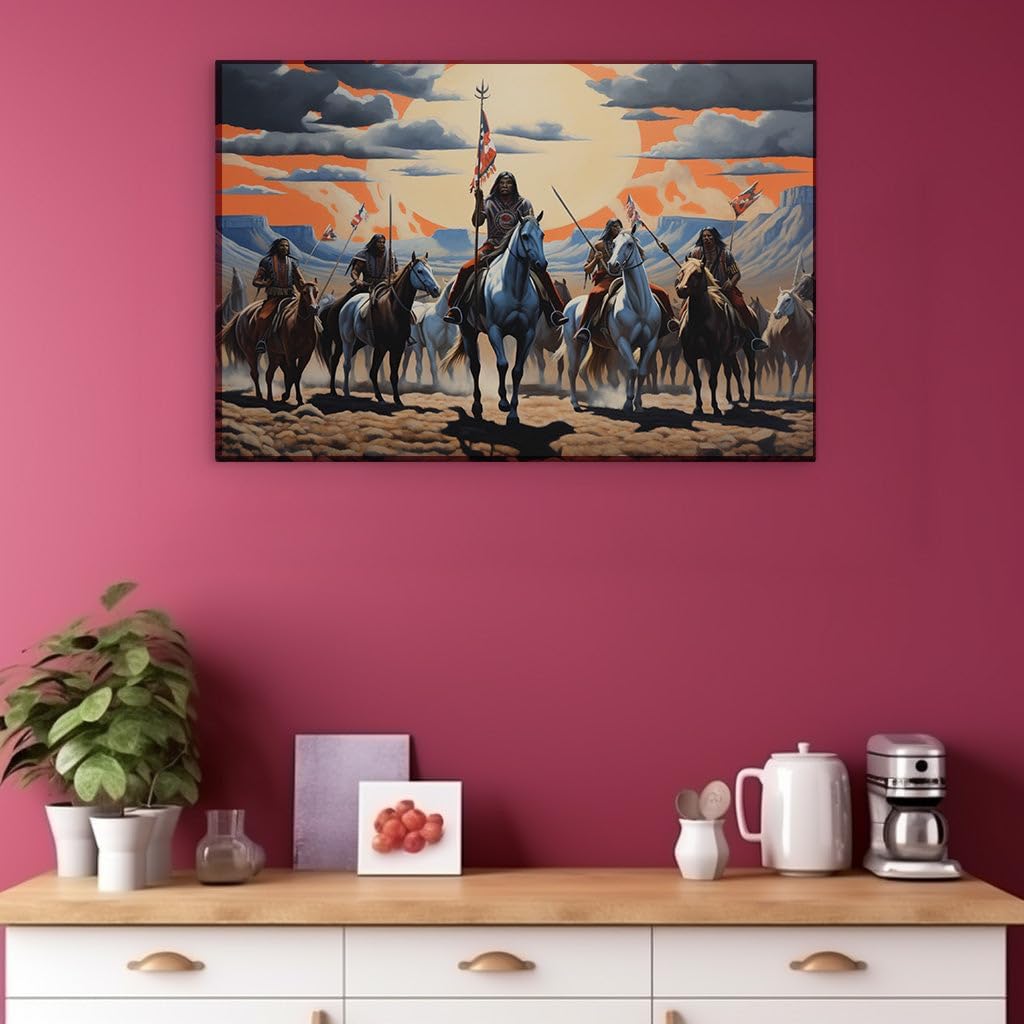 Canvas for Living room. Galloping into History - The Proud Silhouettes of Native American Horsemen at Dusk, 27 x 18 inch Canvas Wall Art - Contemporary Masterpieces - Nature Home Decor