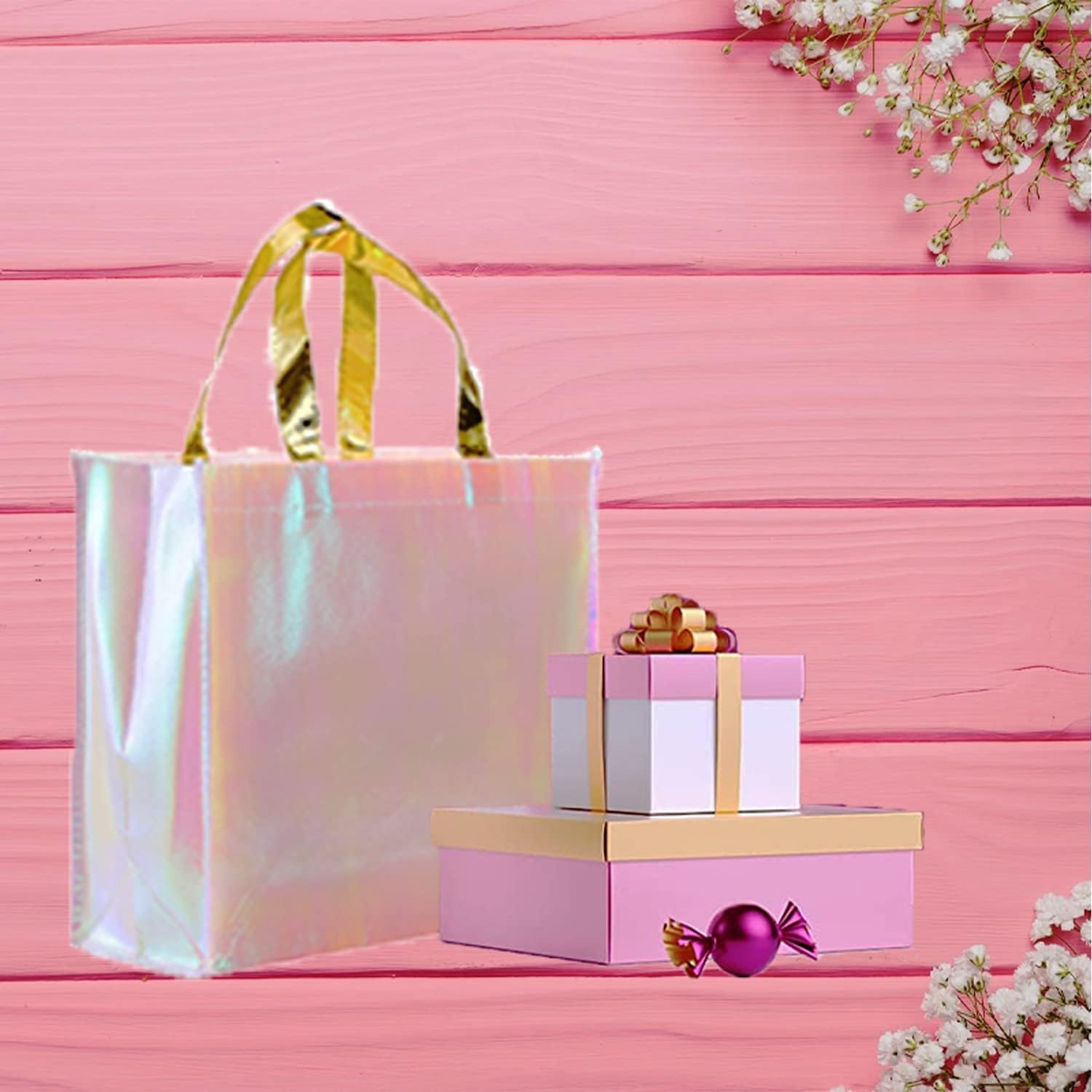 Set of 24 Iridescent Glossy Reusable Grocery Bags Reusable Bags with Handles Bachelorette Gift Bag Non-Woven Bridesmaid Bag for Women Birthday Wedding Party Mother's Day Christmas - Image 3