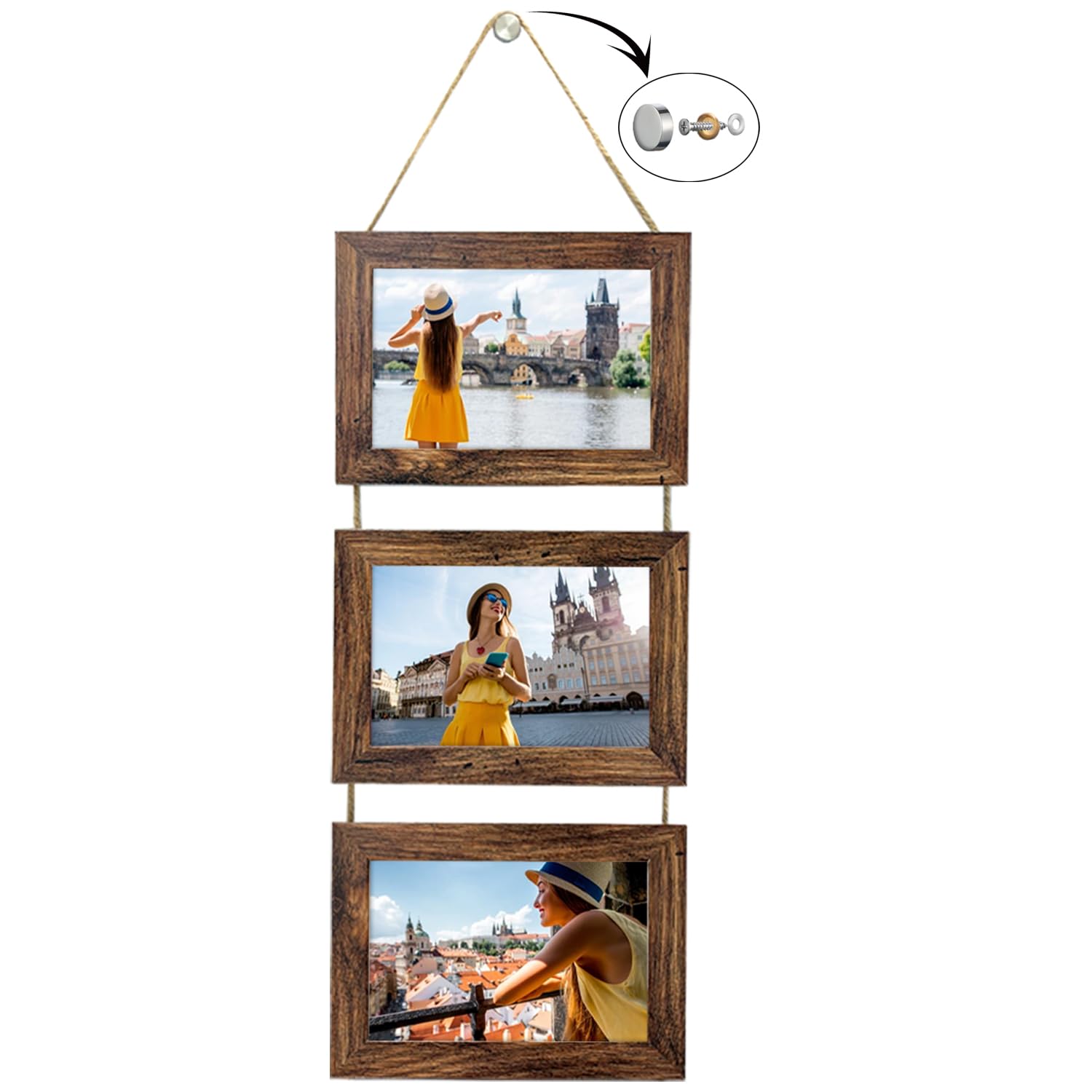 NEOWS Marcos de Fotos Múltiples para Colgar en Pared con Kit de Montaje - Portafotos Múltiples Pared Decorativo - Portarretratos para Fotos - 3 Marcos de Fotos de 10x15cm (Color Madera Envejecida)