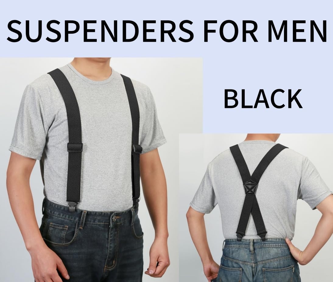 Suspenders for Men Heavy Duty 1,6 cala Wide Airport Friendly Hidden Suspenders with 4 Plastic Gripper Clasps Adjustable Elastic Braces for Casual Work X-Back czarne