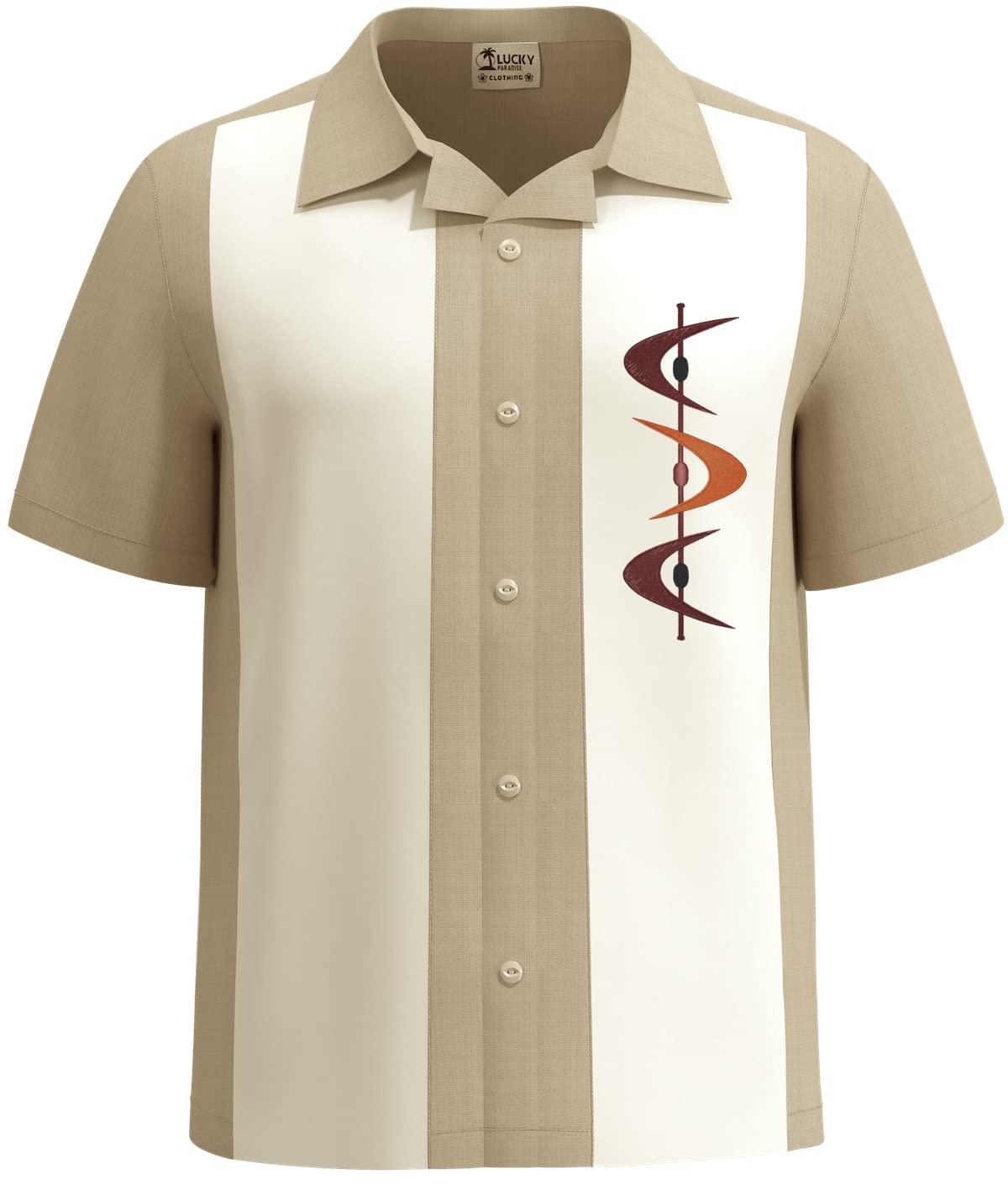 Lucky Paradise Mens Short-Sleeve Embroidered Camp Shirt, Vintage Cuban Style Button Down Bowling Shirt, Guayabera ~ Bahama