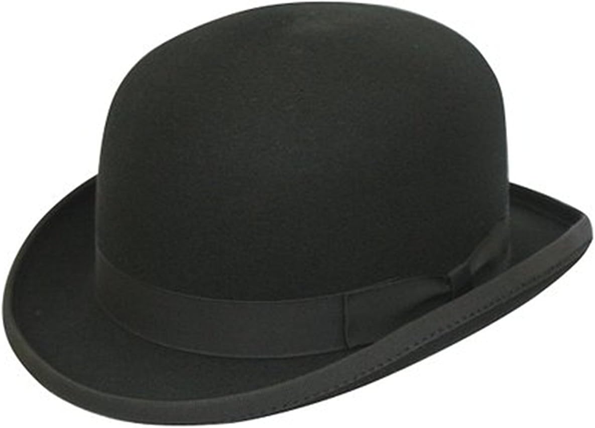 100% Wool Plain Black Classic Round Top Hard Bowler Hat - Hand Made - with Cleaning Brush