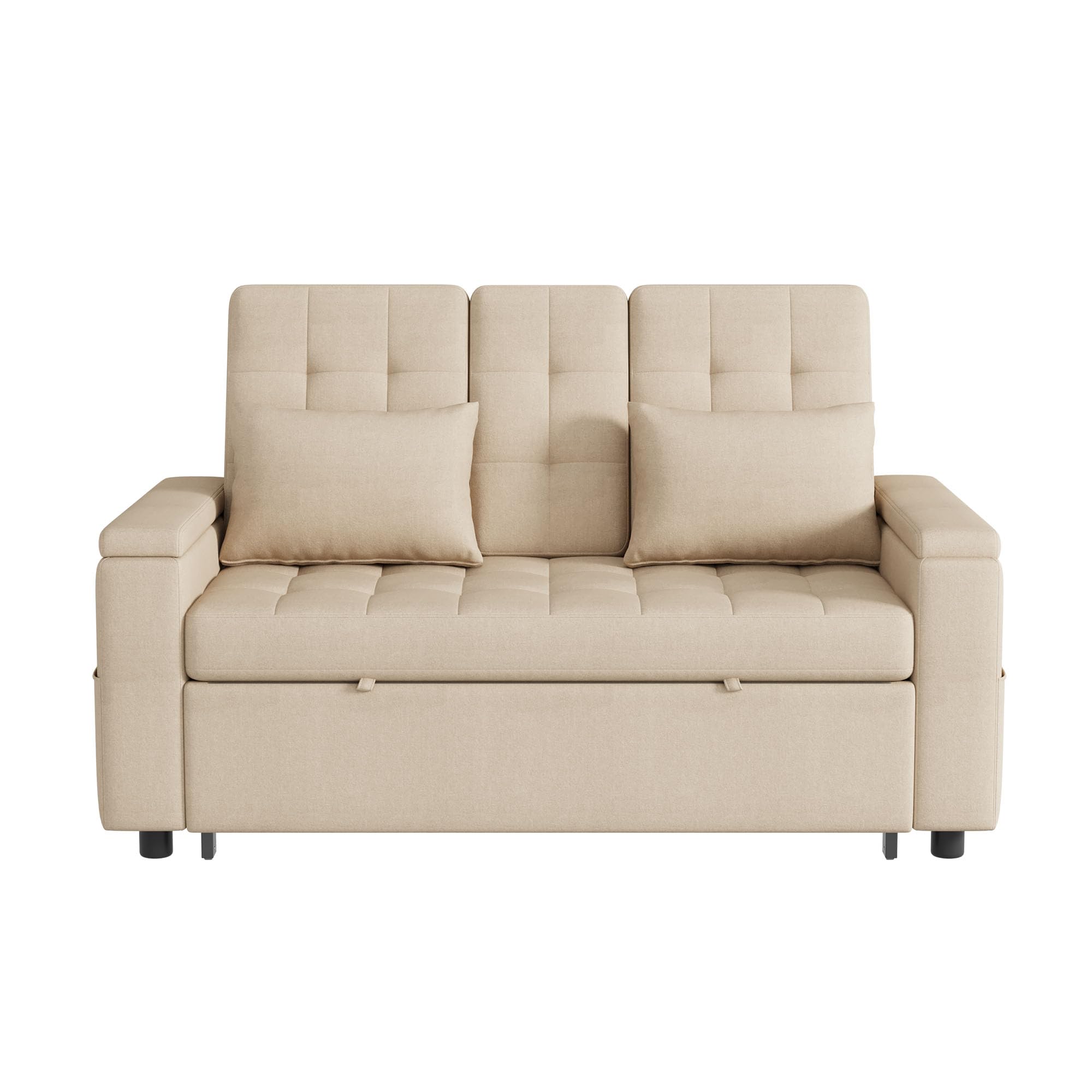 REXO Sofá cama de 2 plazas con espacio de almacenamiento y respaldo ajustable, sofá con reposabrazos y cojines, sofá plegable versátil para salón, dormitorio o apartamento, color beige