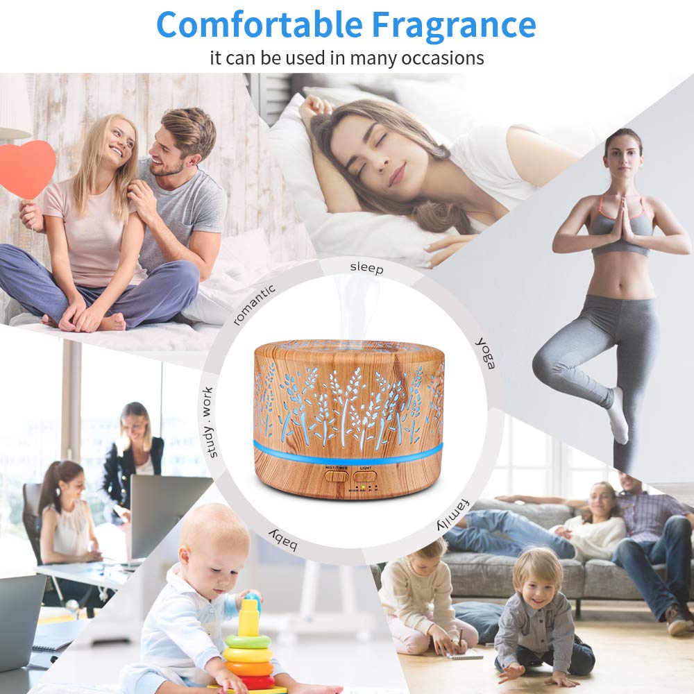 Dyfuzor aromatu 500ml z zestawem olejków eterycznych 8x10ml, bez BPA, z timerem i oświetleniem LED, do domu biura spa