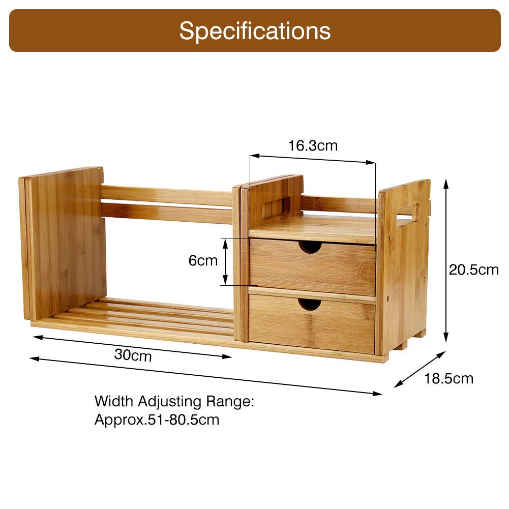 Bambus ausziehbares Schreibtisch-Bücherregal, verstellbar Holz, Schreibtisch-Organizer, Regal mit 2 Schubladen, natürliches Bambusholz Regalregal, DIY Mini Book Case mit 2 Schubladen