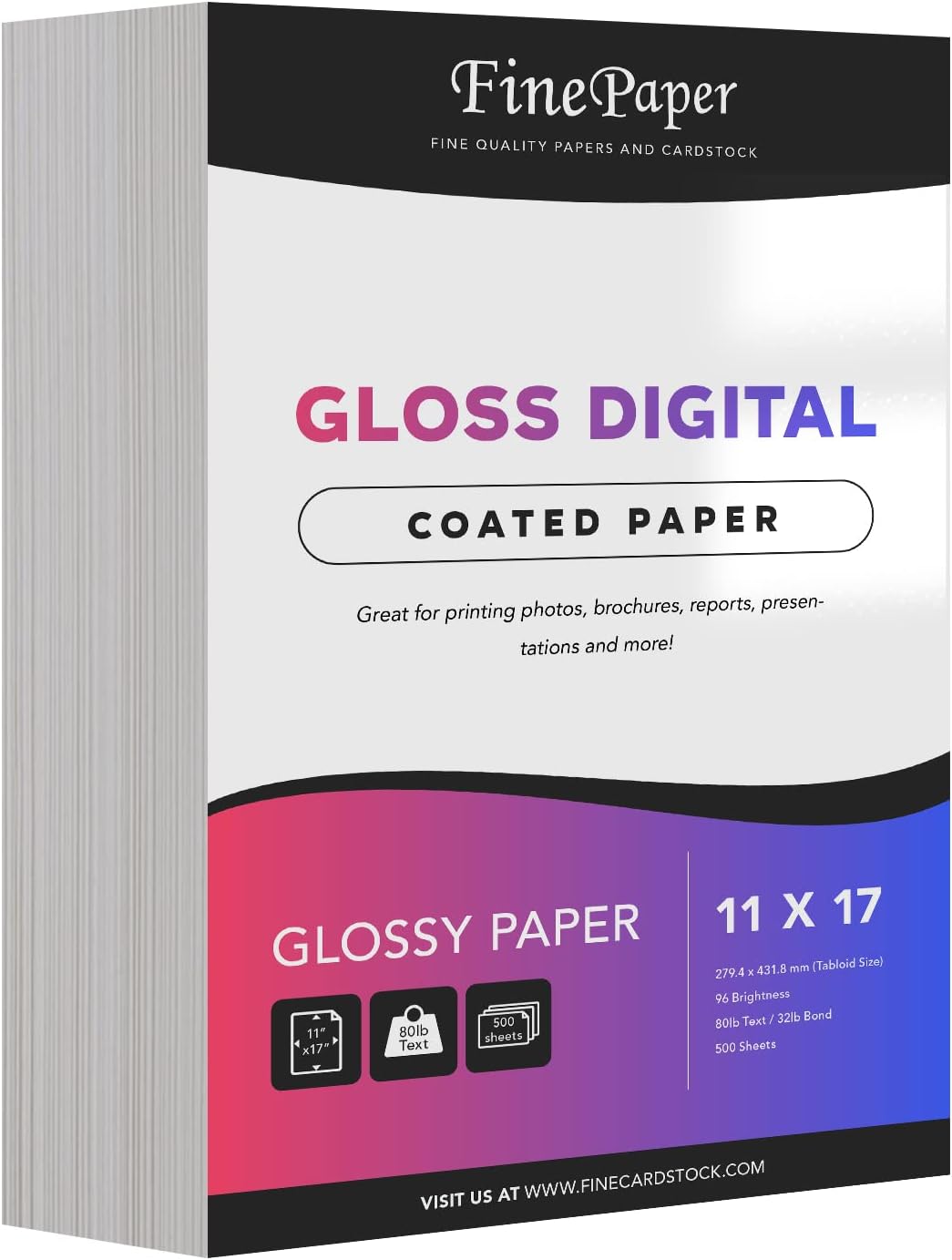 Gloss Digital Paper – Perfect for Color Laser Printing, Design Proposals, Flyers, Brochures | 11 x 17 | Glossy 80lb Text (32lb Bond) | 96 Bright | Acid Free, Coated Finish | 500 Sheets per Pack