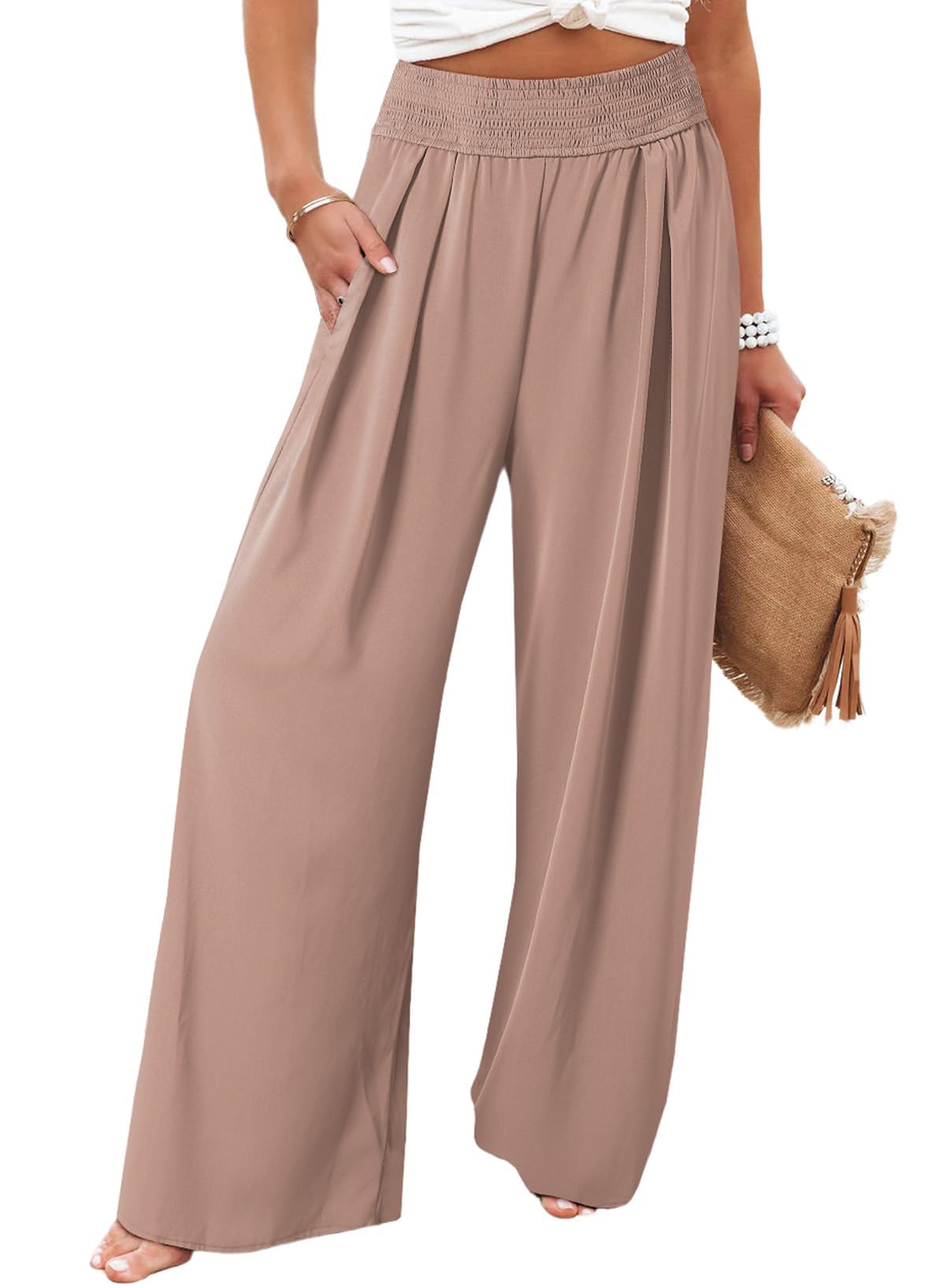 Eytino Women Plus Size Wide Leg Pants Casual Loose Smocked High Waisted Lounge Pajama Palazzo Pants 1X-5X