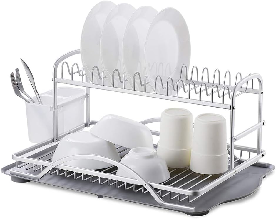 Dish Drying Rack-Aluminum 2 Tier Kitchen Dish Rack -Dish Rack Drying with Removable Utensil Holder and Drainboard,Large Capacity