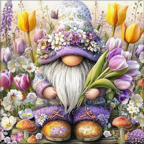 YQFCZDQ Flowers Round 5D Diamond Painting Kits for Adults Gnome Diamond Art Kits for Adults Beginner DIY Full Drill Diamond Dots Paintings with Diamonds Pictures Gem Art and Craft Home Decor 14x14in