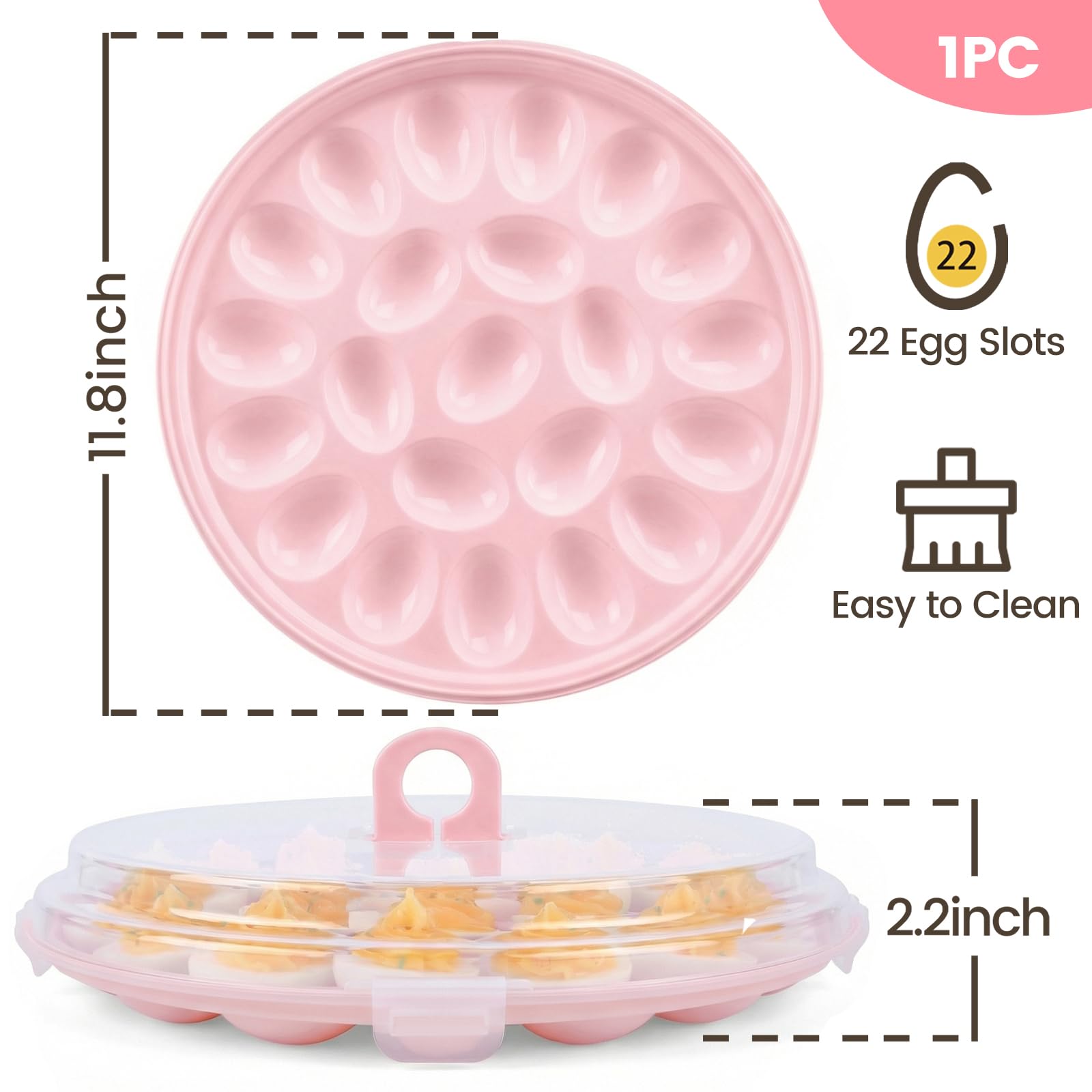 HANSGO Bandeja de huevos diablos, soporte redondo rosa para huevos con tapa, portador portátil para acampar, Pascua, señoras, cocina, refrigerador, 22 ranuras para huevos