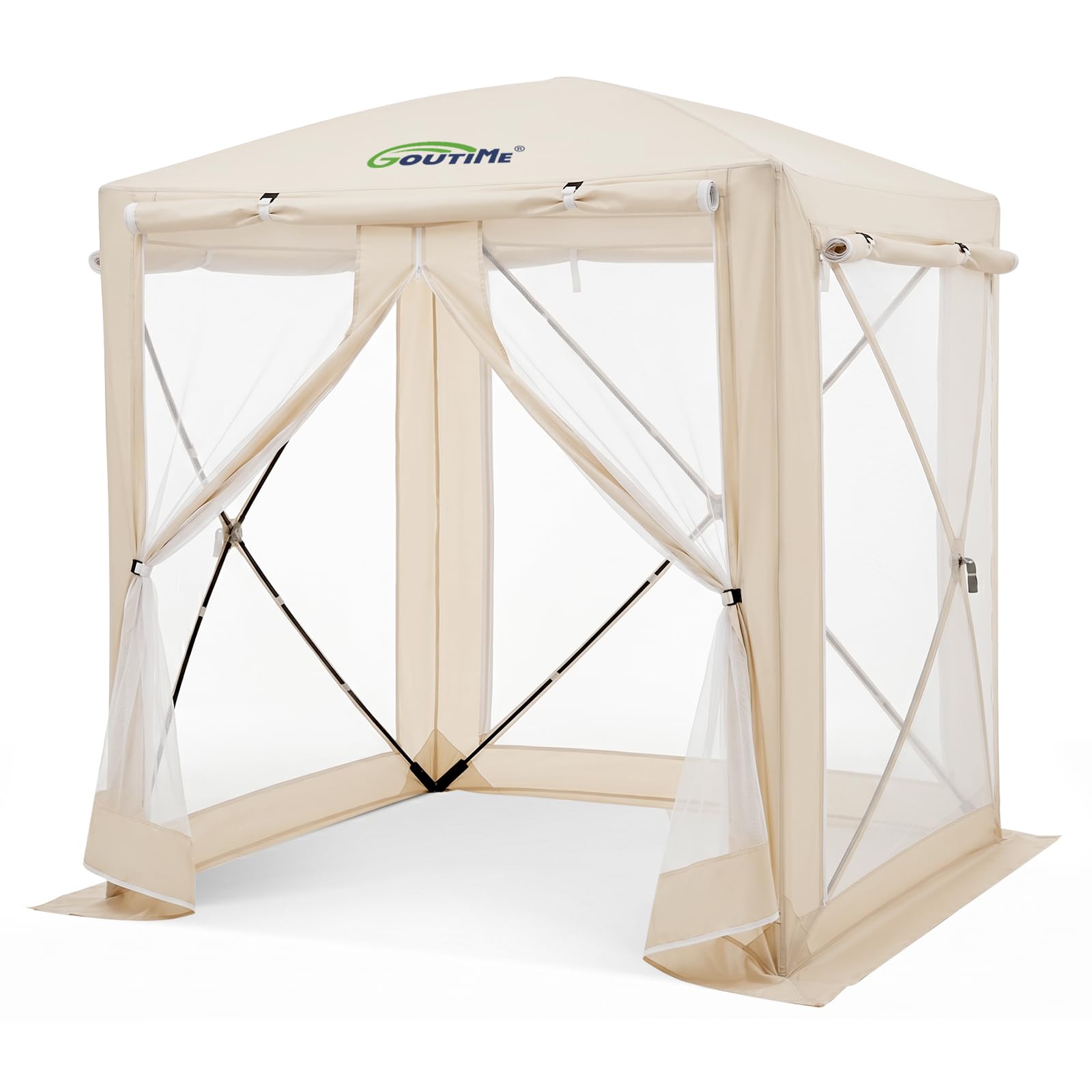 Goutime Pop Up Gazebo 150x150x190cm, 2-in-1 Insect & Weather Protection, Water Repellent UV 50+ Garden Canopy Tent for Outdoor Camping Patio (Beige)