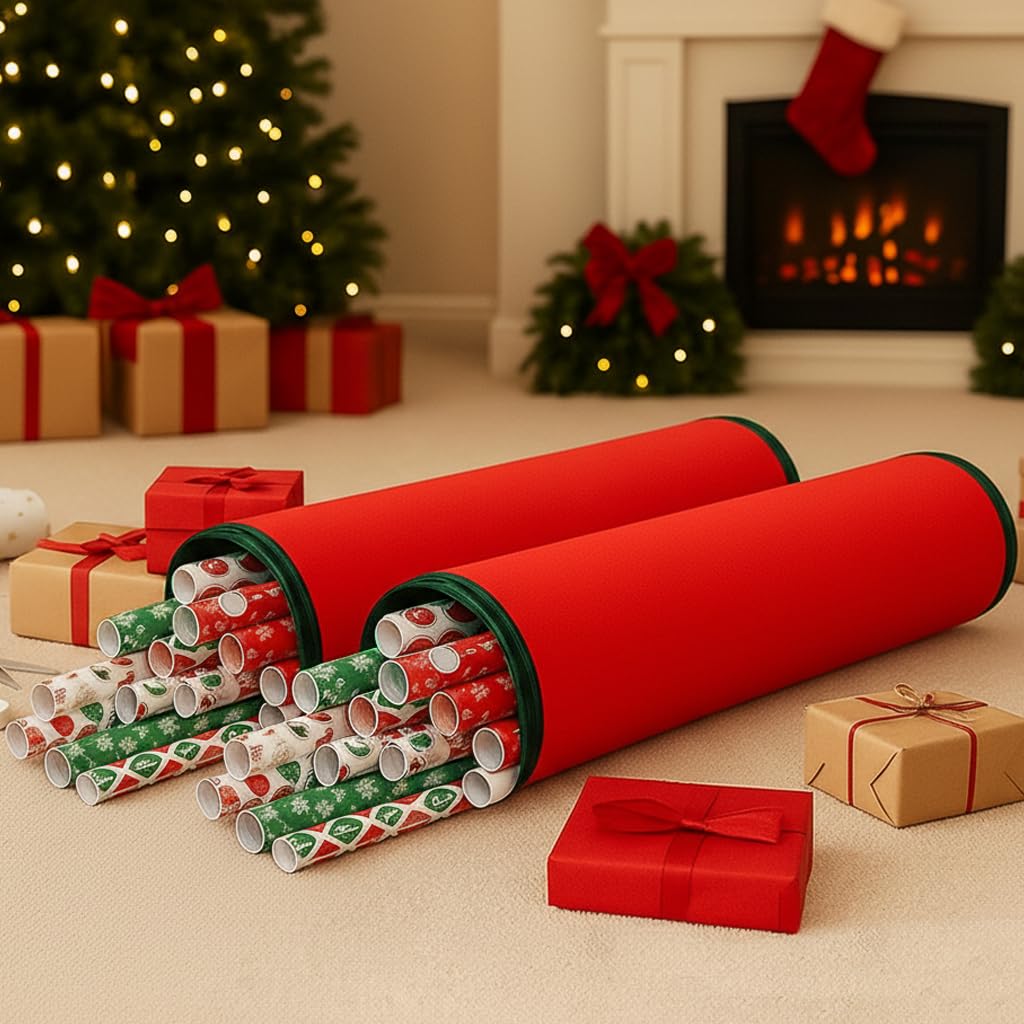 Just for Christmas Wrapping Paper Storage Bag - Portable Cylinder Gift Wrap Organiser Stores 14-18 Rolls - Xmas Wrapping Paper and Ribbon Storage Bag with Easy Handle Storage Solution