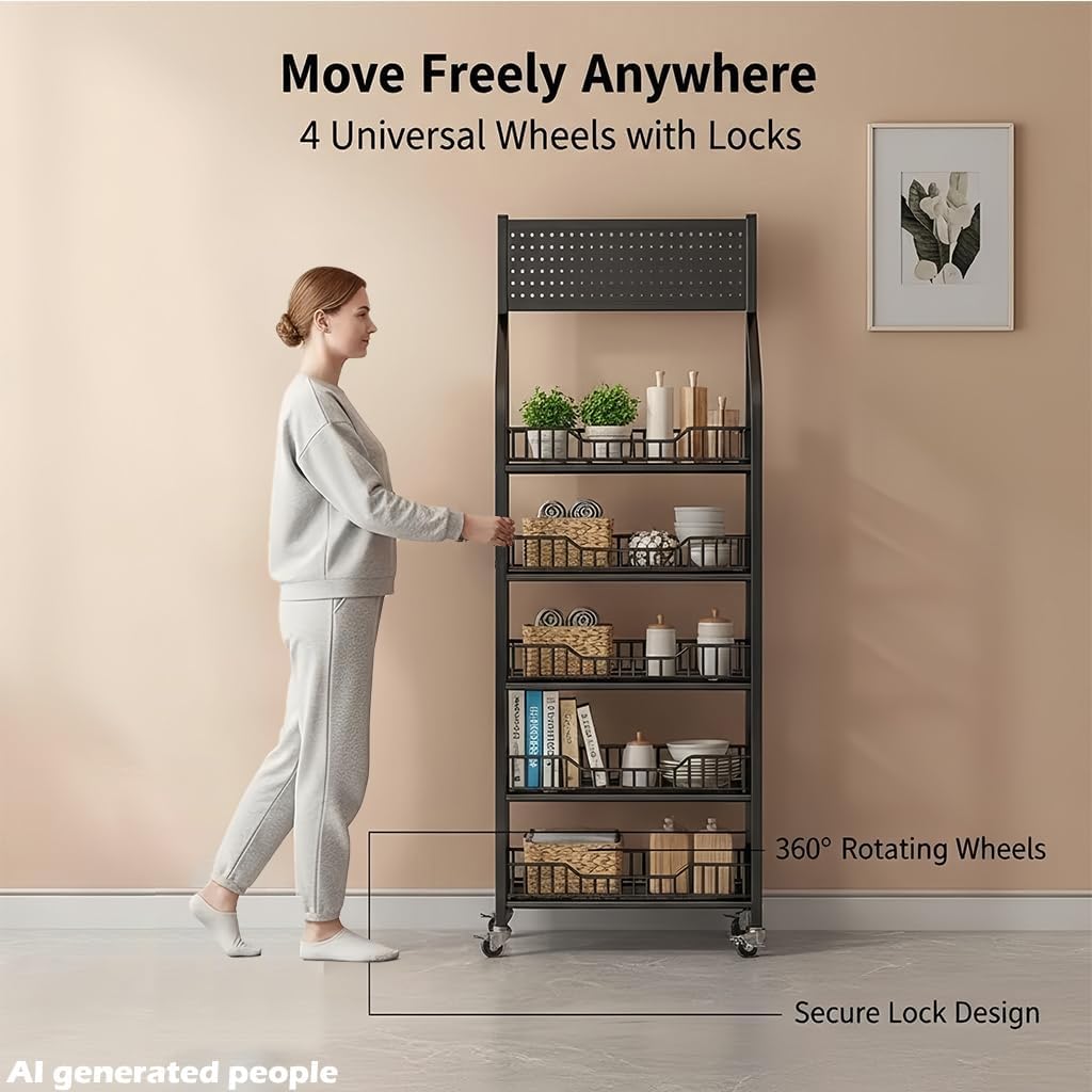 5 Tier Retail Display Racks, 65" Candy Display Rack with 4 Wheels & 15 Hooks, Candy Snack Display Racks Sturdy and Stable Chip Shelf Rack for Stores, Kitchen, Office（65”H×20”L×11”D）