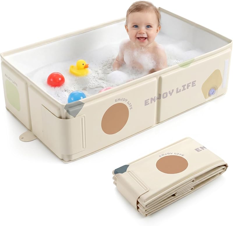 Orzbow Travel Toddler Bathtub with Side Drain Plug | Portable Collapsible Baby Bath Tub for Kid Infant 6 Months+, Easy to Clean, Stable & Durable, Fold to Space-Saving, White