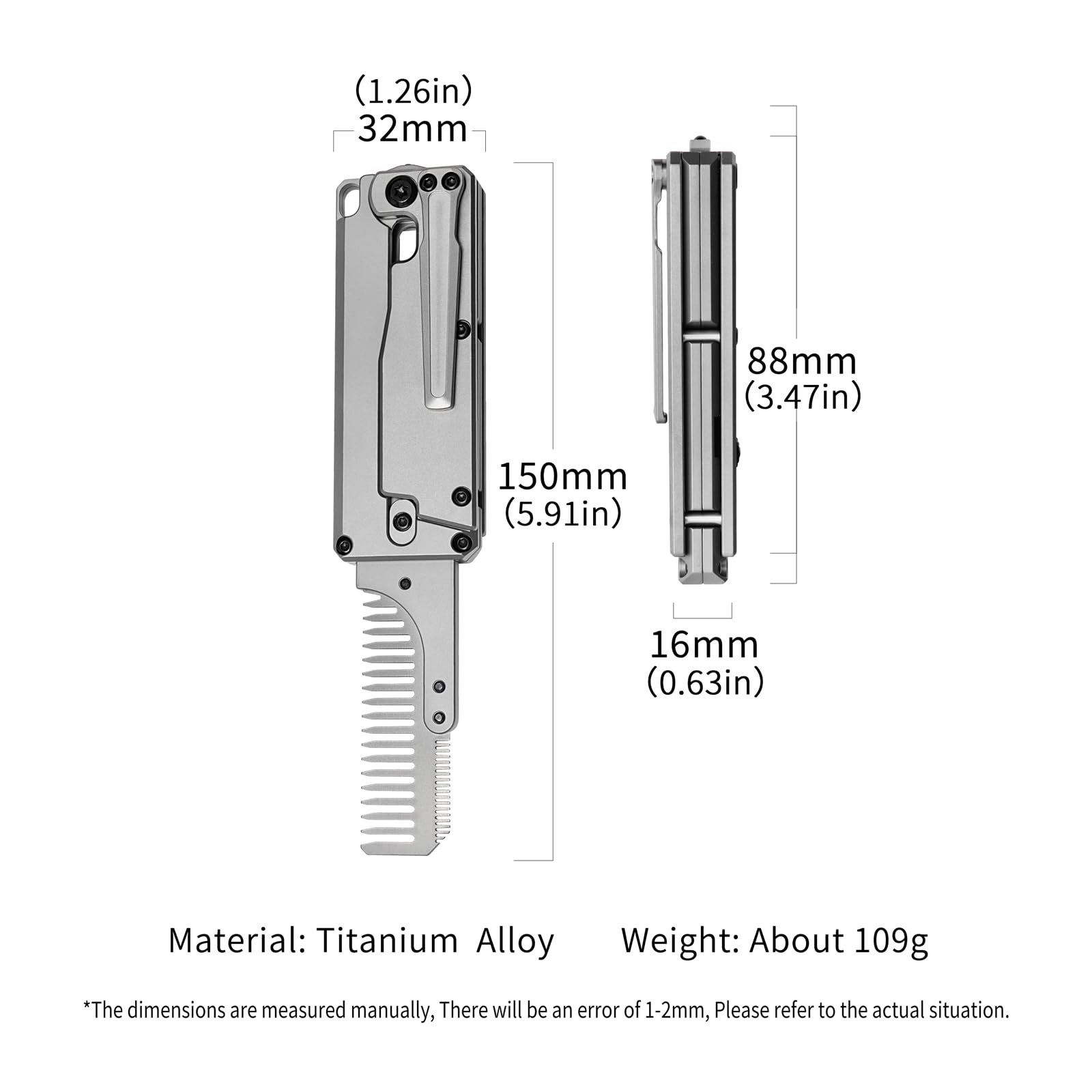 ainhue TC347 2-in-1 Titanium Handle Carrot Utility Knife, Hair Beared Comb, Retractable Box Cardboard Cutter EDC Pocket Knives, 10pcs SK5 Replaceable Blade with Pocket Clip, Glass Breaker