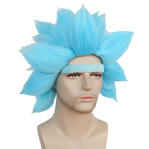 JoneTing Peluca corta azul con puntas + gorra de pelo + Unibrow Pelucas cortas con púas azules para hombres, peluca de cosplay azulada, pelucas