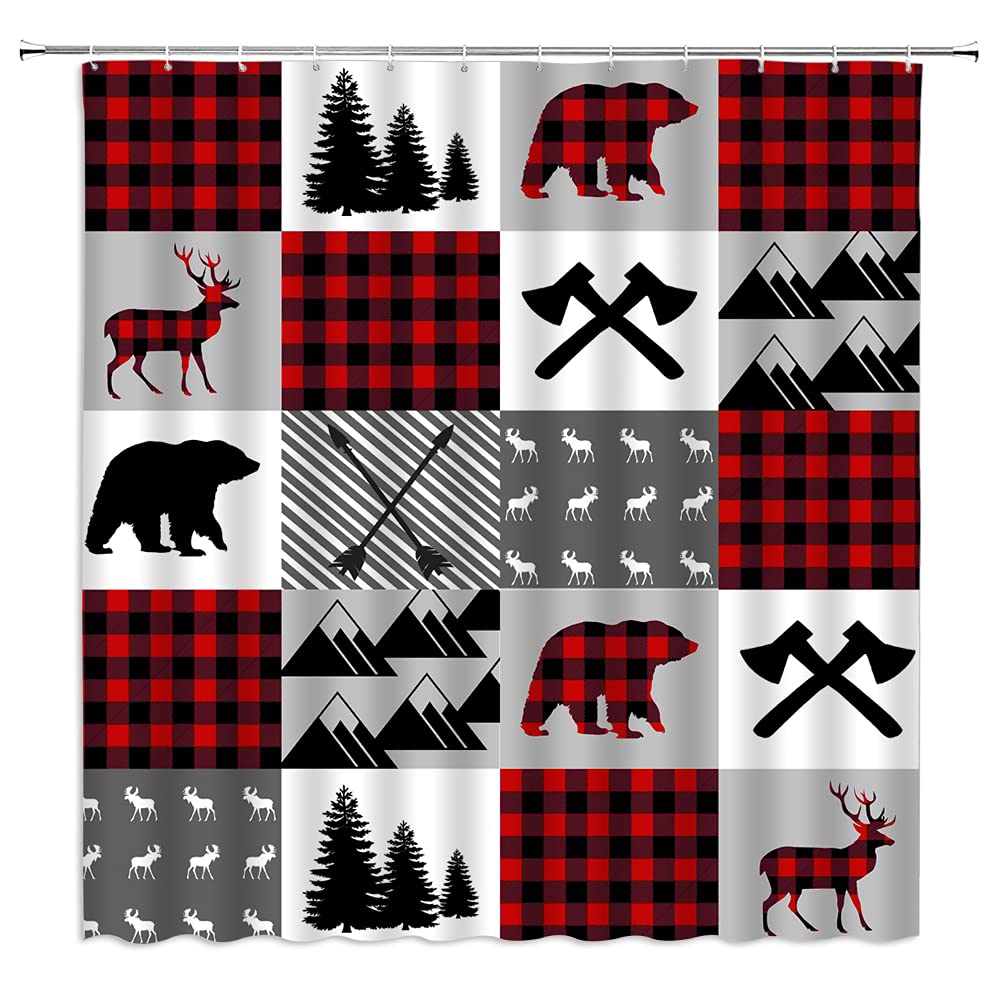 Bear Deer Plaid Shower Curtain Rustic Cabin Red Black Buffalo Check Elk Moose Pine Tree Forest Lodge Hunting Wildlife Bath Curtain with Hook