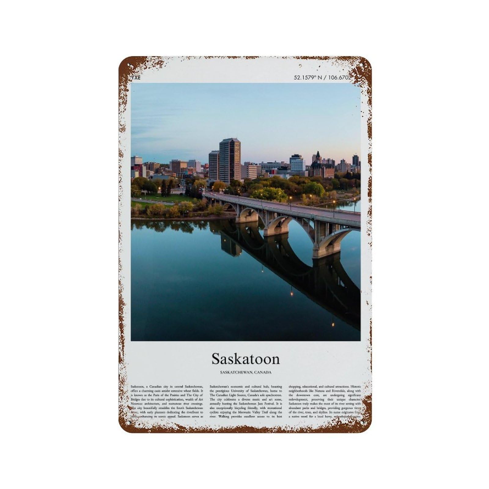 xiaoxiaoshen Saskatoon Saskatchewan, Canada City Scenery Wall Decor Art Metal Tin Poster Modern Home Decor Art Home Bar Shop Decorations Vintage Sign 30x20cm