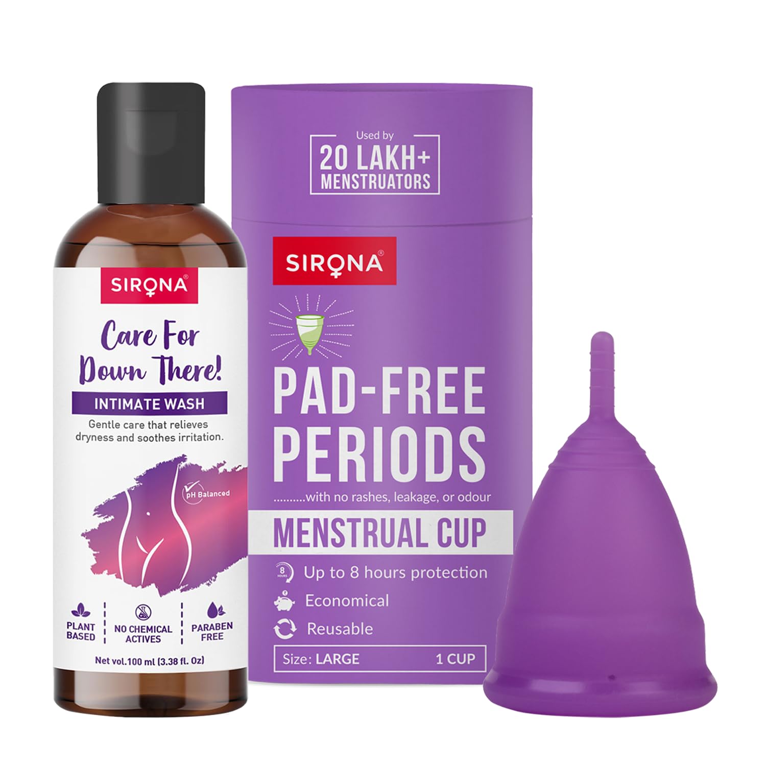 Sirona Reusable Menstrual Cup for Women - Large with pH Balanced Antibacterial Intimate Wash Liquid - 100 ml