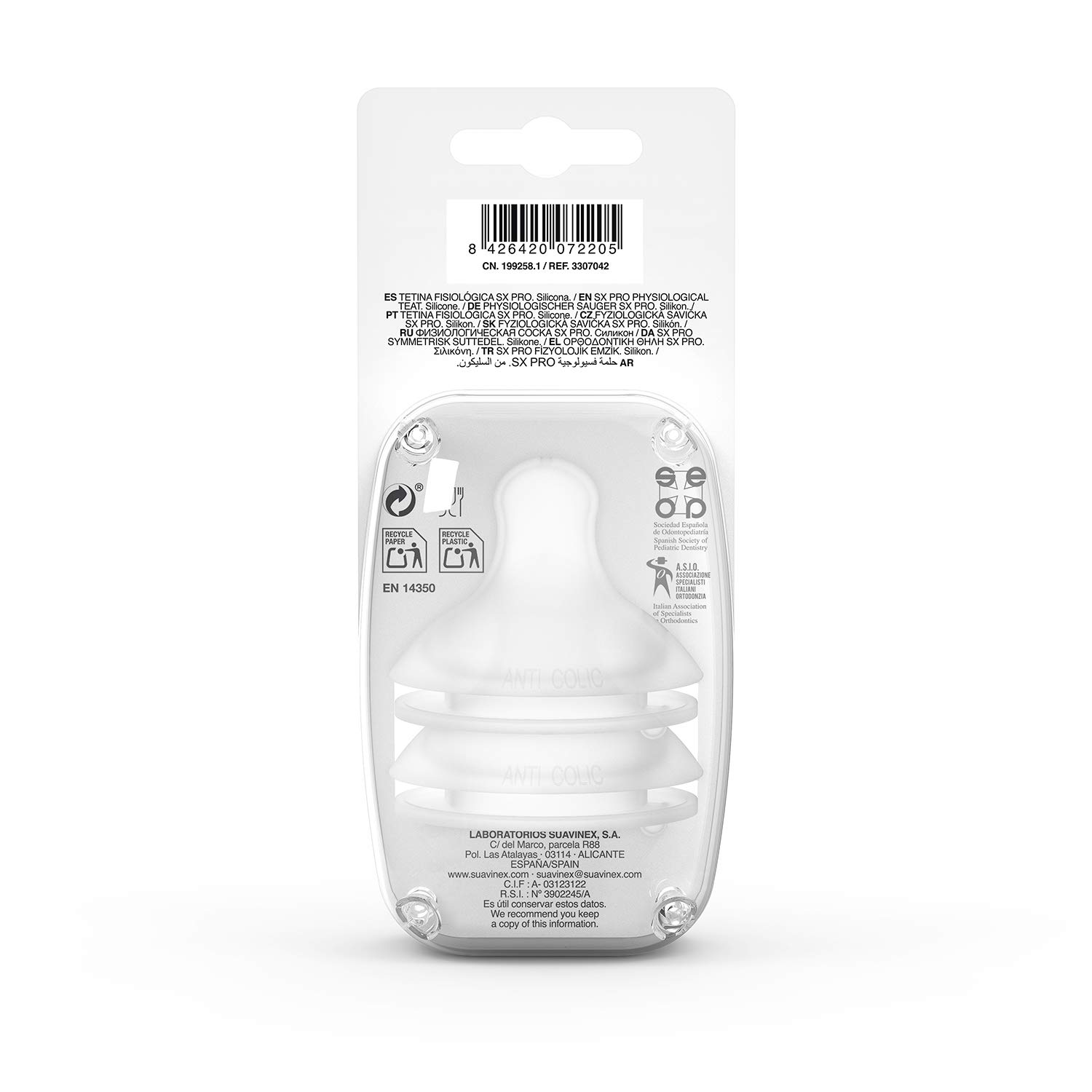 Suavinex Confezione 2 Tettarelle Simmetriche in Silicone SX Pro, Flusso Medio, 3 Mesi, con Sistema Anticoliche