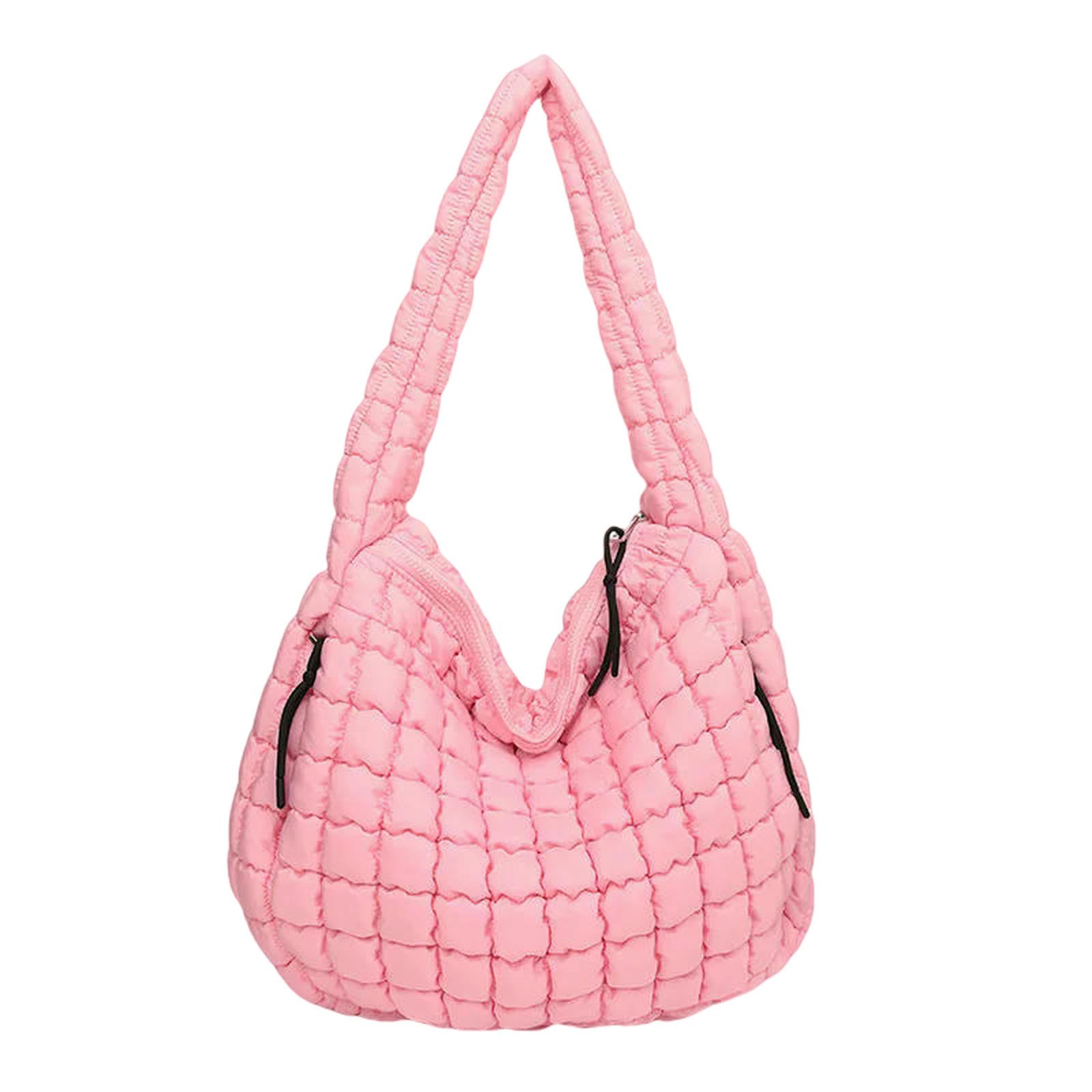 ZSLFCBD Handbags For Women Casual Ruched Hobos Shoulder Bags Quilted Padded Crossbody Bag Large Capacity Nylon Tote Bag-pink