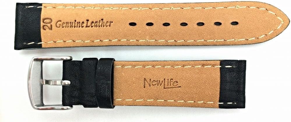 NewLife 20mm Black Genuine Leather Watchband | Heavy Shrunken Grain, Padded Replacement Watchstrap with Off-White Stitching that brings to Any Watch (Mens Standard Length)