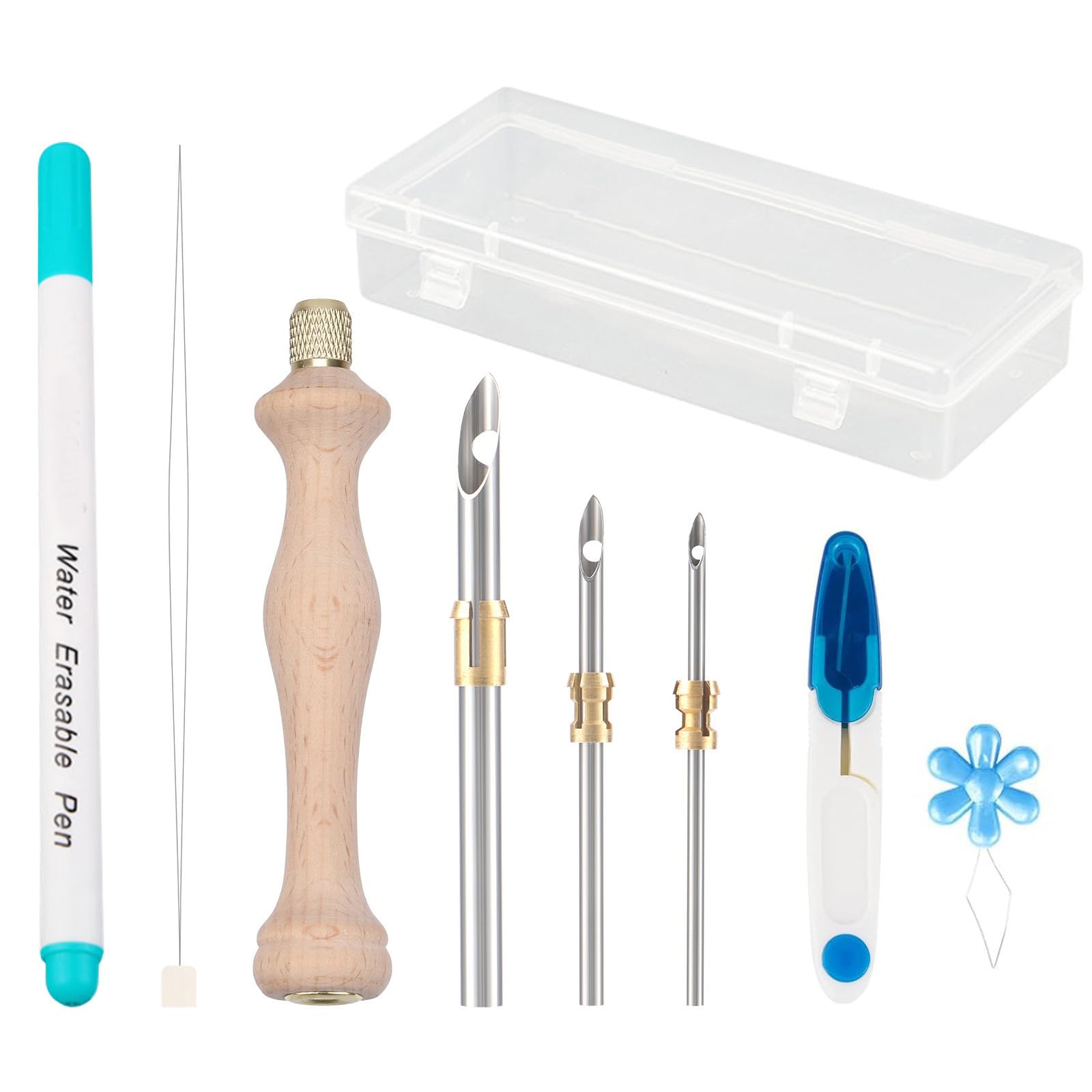 Xjdzineq Beading Needle and Punching Needle Supplies Includes Wood Handle Embroidery Pen Scissors Threader Marker for Beginner Needlework Accessories
