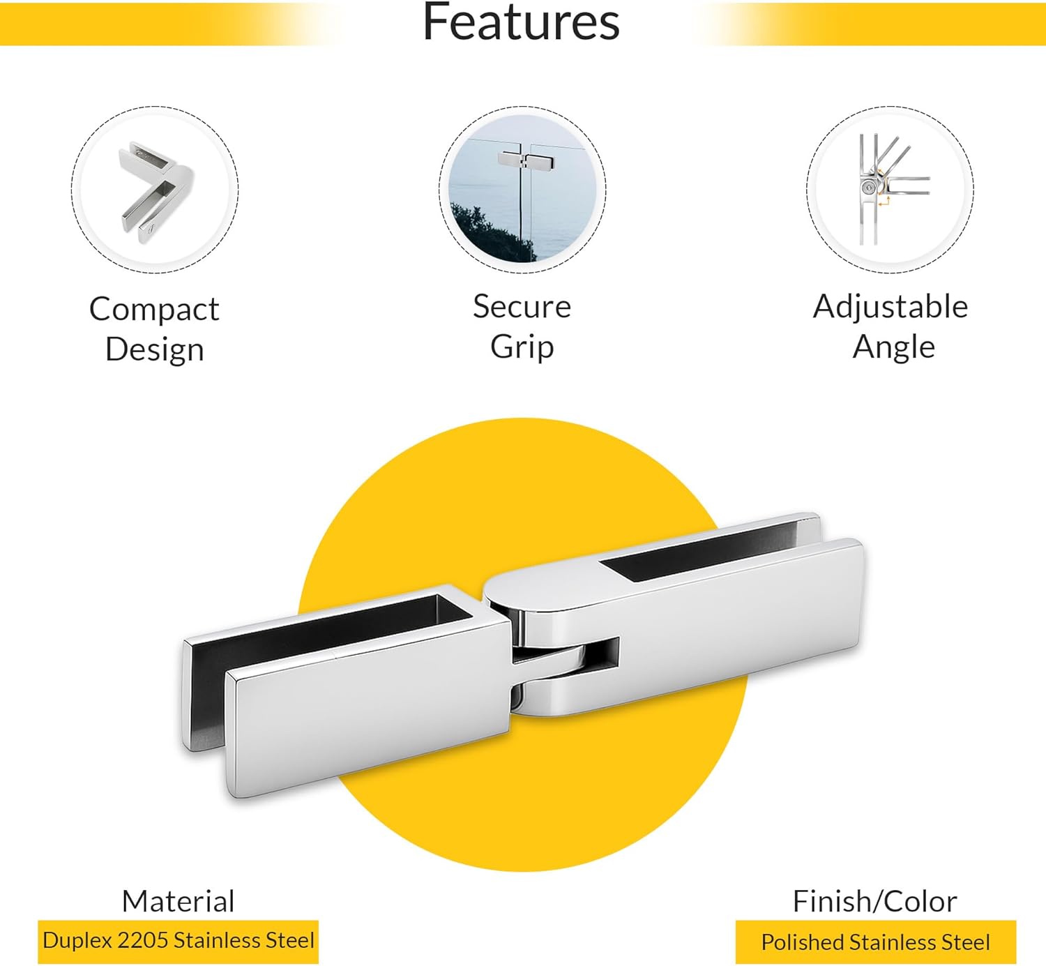 Brixwell Glass-to-Glass Bracing Clamp Adjustable Type, Duplex 2205 Stainless Steel, Polished Stainless Steel Finish, Fits 3/8" to 1/2" Tempered Panels, 6-1/2" Overall Length, 90 to 180 Degree Range