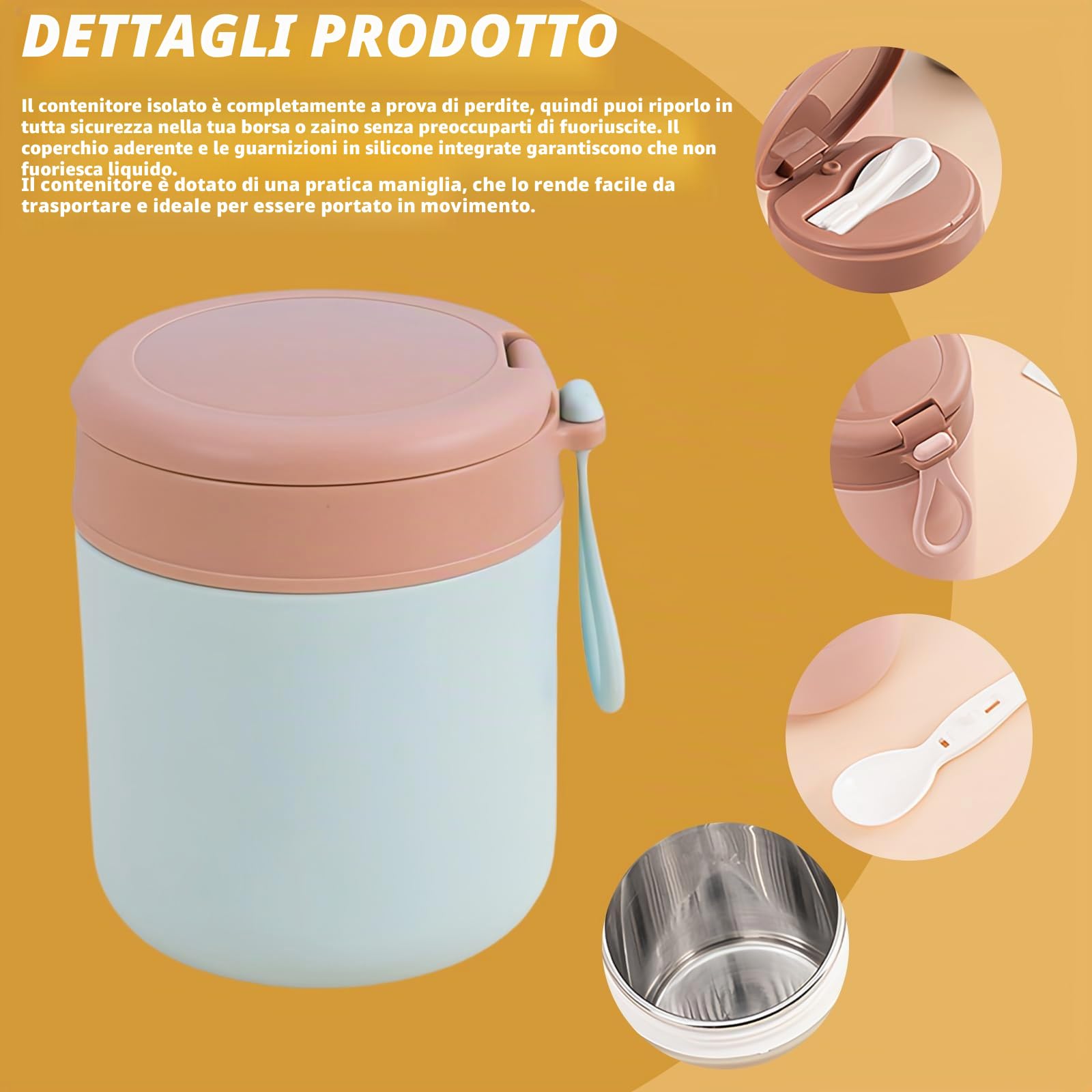 Contenitore termico in acciaio inox per cibi: 3 ciotole termiche, contenitore termico sottovuoto isolato, contenitore termico Essen to go (blu, rosa + bianco) (blu, rosa, verde, 430 ml)