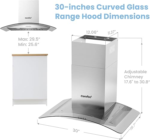 Miniatura 8 de COMFEE' CVG30W8AST Campana extractora montada en pared de 30 pulgadas con conducto, con ventilador de escape de 450 CFM de 3 velocidades, filtros