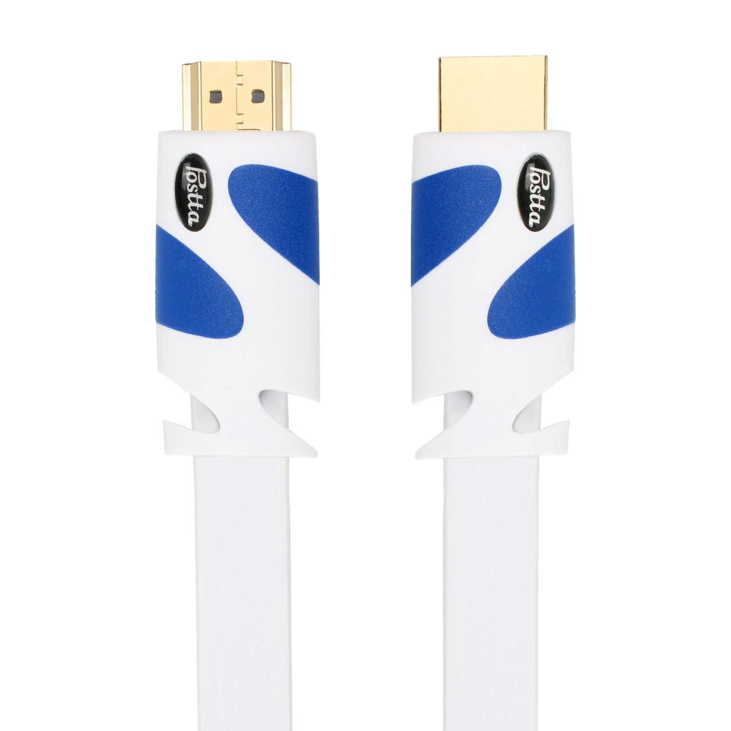 Postta Flat HDMI Cable 30 Feet Flat HDMI 2.0 Cord Support 4K, 3D, 2160p, 1080p, Ethernet and Audio Return-White-Blue