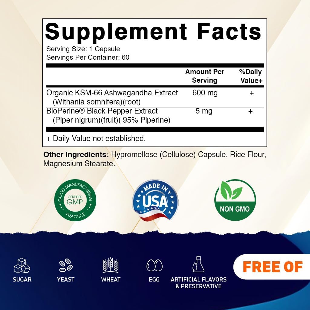 Vitamatic KSM-66 Ashwagandha Root Extract + Bioperine - 600mg, 60 Veggie Caps (1200 mg per 2 Capsules) - Image 2